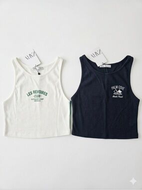 Zara White & Navy Graphic Tank Tops
